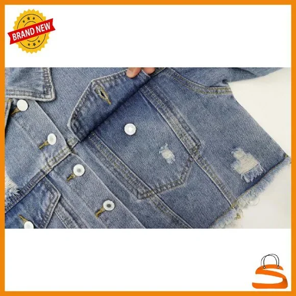 Cropped Denim Jacket Distressed Ripped Frayed Long Sleeve Button Up
